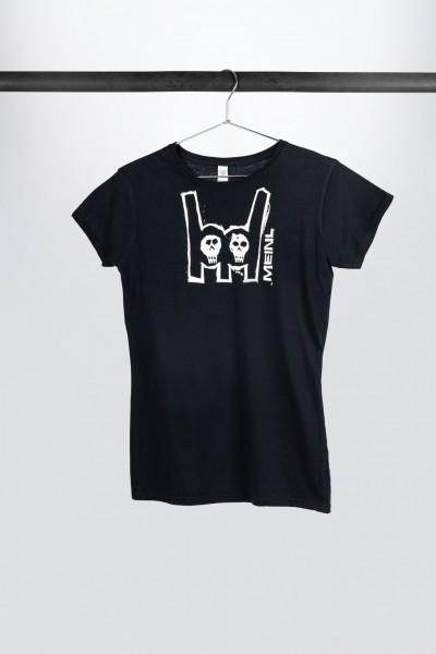 Black Meinl t-shirt with imprinted white metal-fork logo on chest - Girlie (M36)